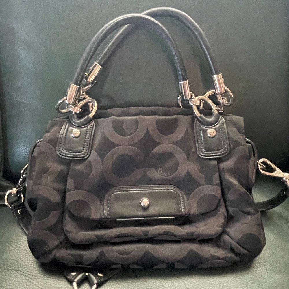 COACH BLACK SIGNATURE KRISTIN OP ART SATEEN SATCHEL